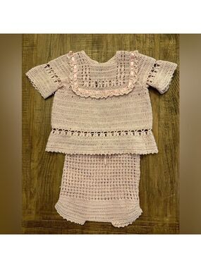 Vintage Baby 2-piece hand crafted knitted/crocheted Pink dress with shorts.